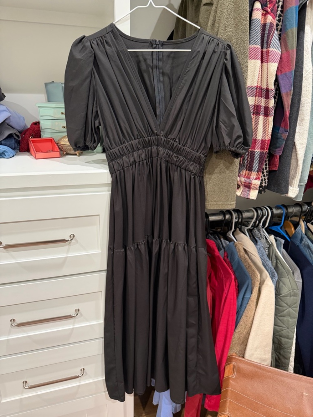 Black Puff Sleeve V-Neck Midi Dress